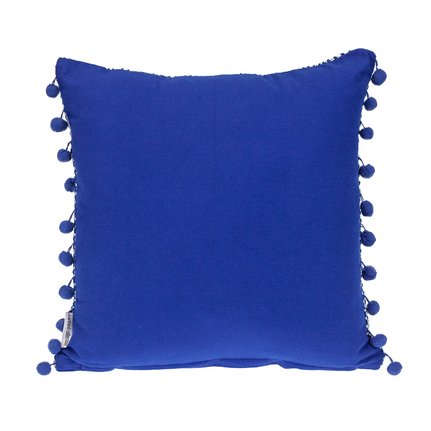 Blue & White Weave Cotton Pillow w/ Pom Poms