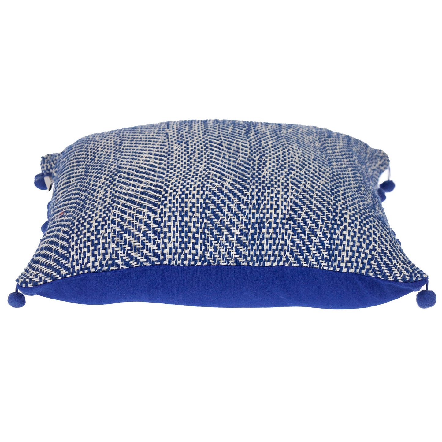 Blue & White Weave Cotton Pillow w/ Pom Poms