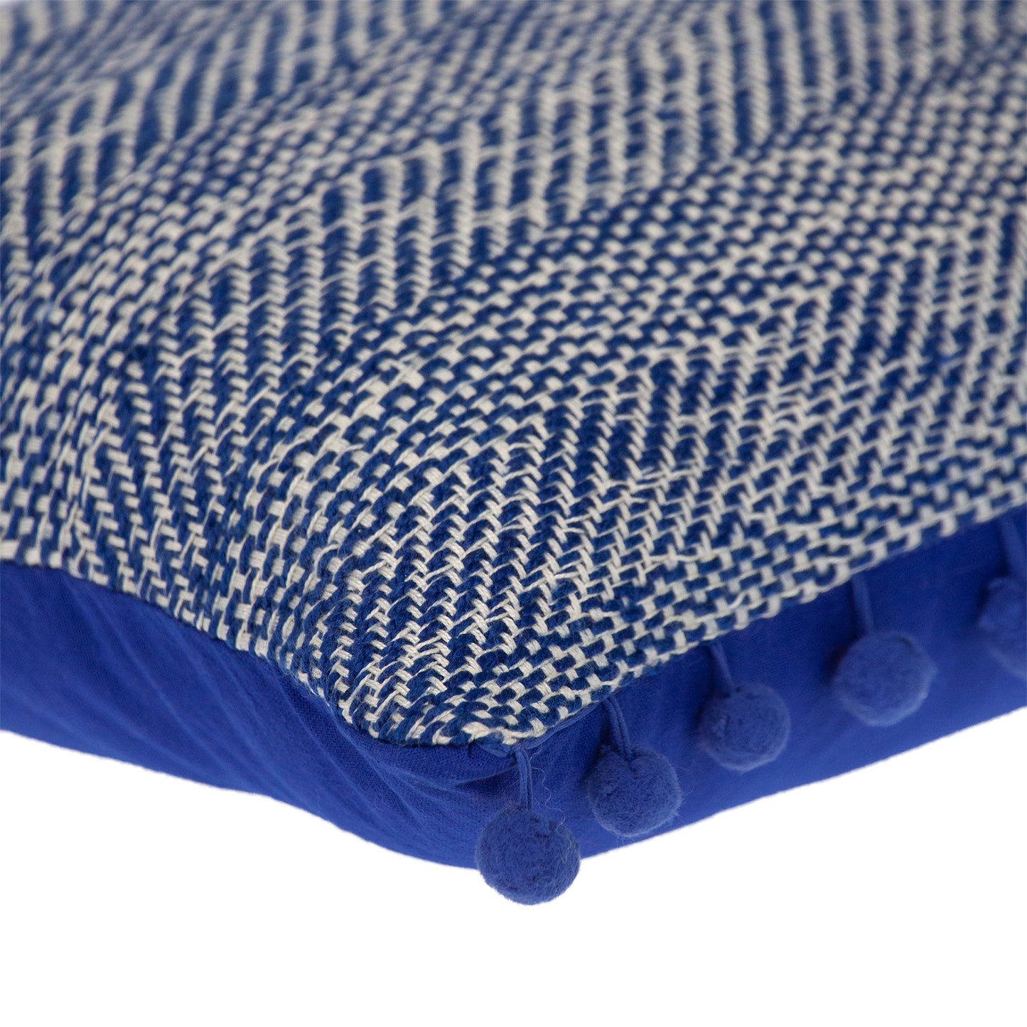 Blue & White Weave Cotton Pillow w/ Pom Poms