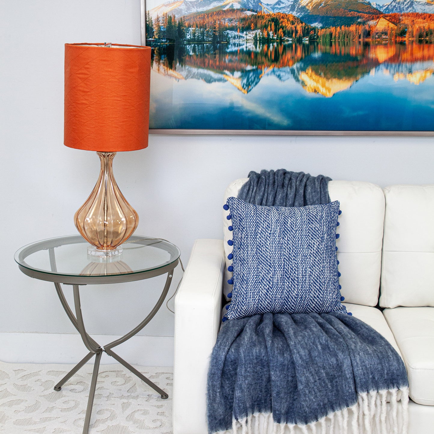 Blue & White Weave Cotton Pillow w/ Pom Poms