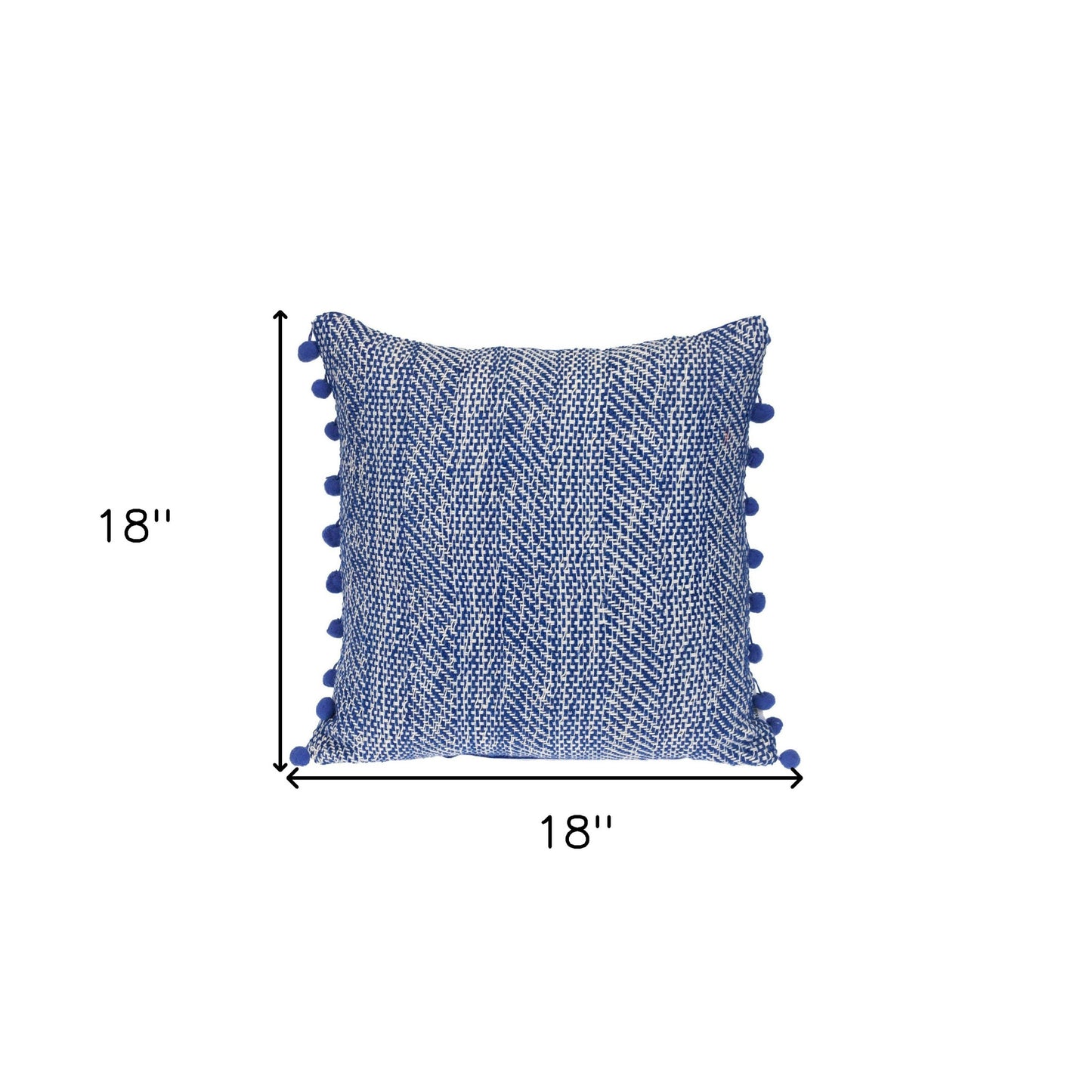 Blue & White Weave Cotton Pillow w/ Pom Poms