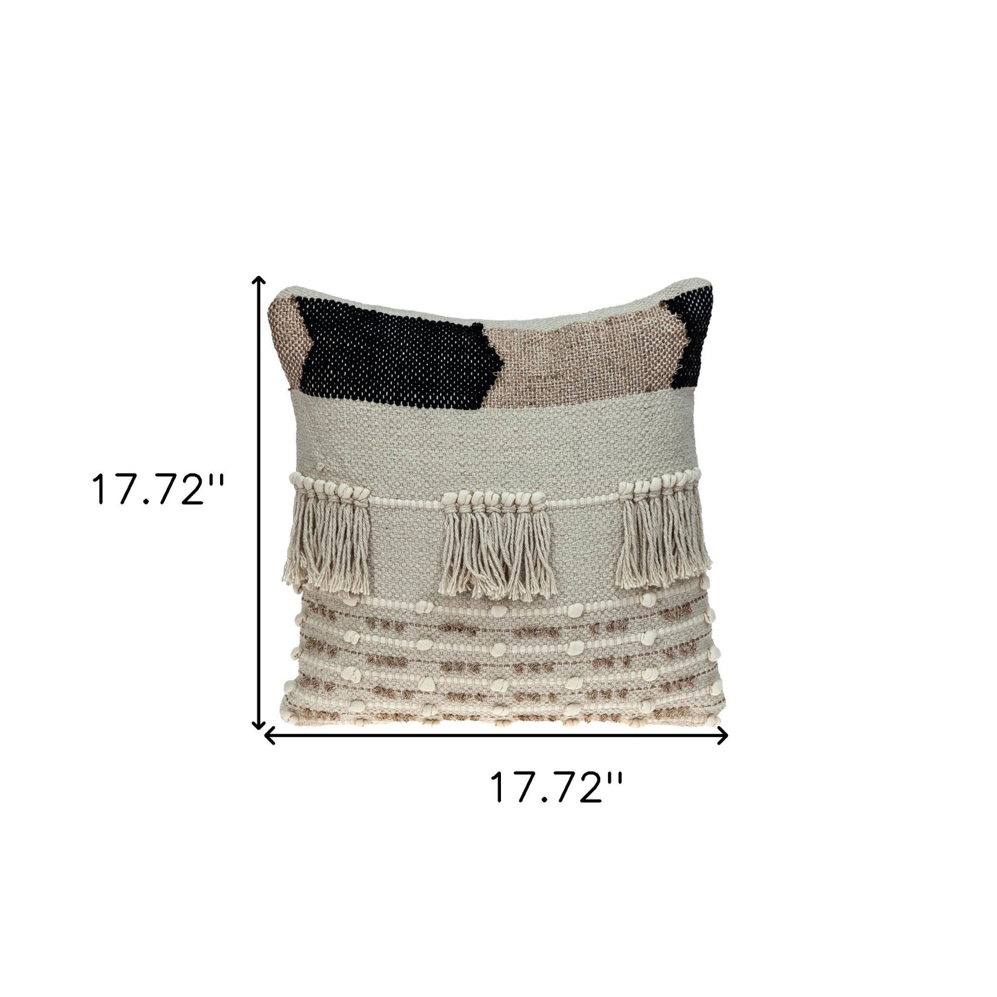 Beige & Gold Striped Cotton Blend Pillow w/ Fringe