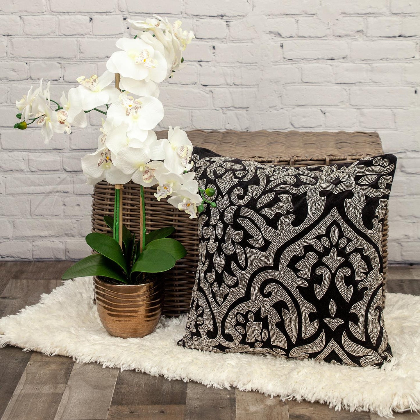 Black & Silver Damask Velvet Pillow w/ Beads