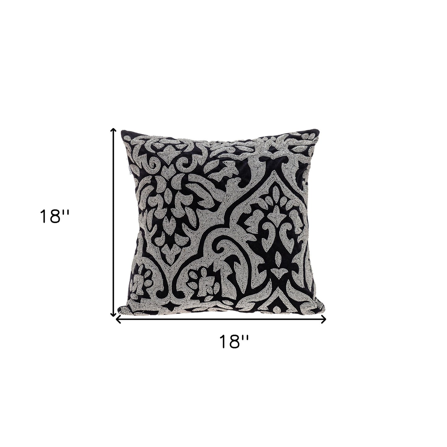 Black & Silver Damask Velvet Pillow w/ Beads