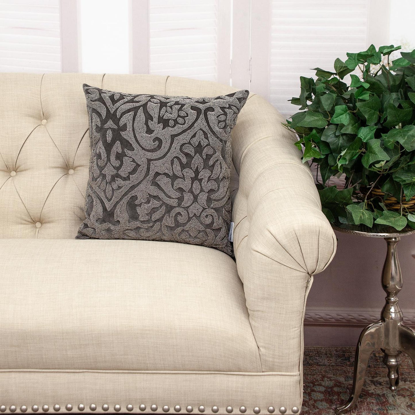 Gray & Silver Damask Velvet Pillow w/ Beads