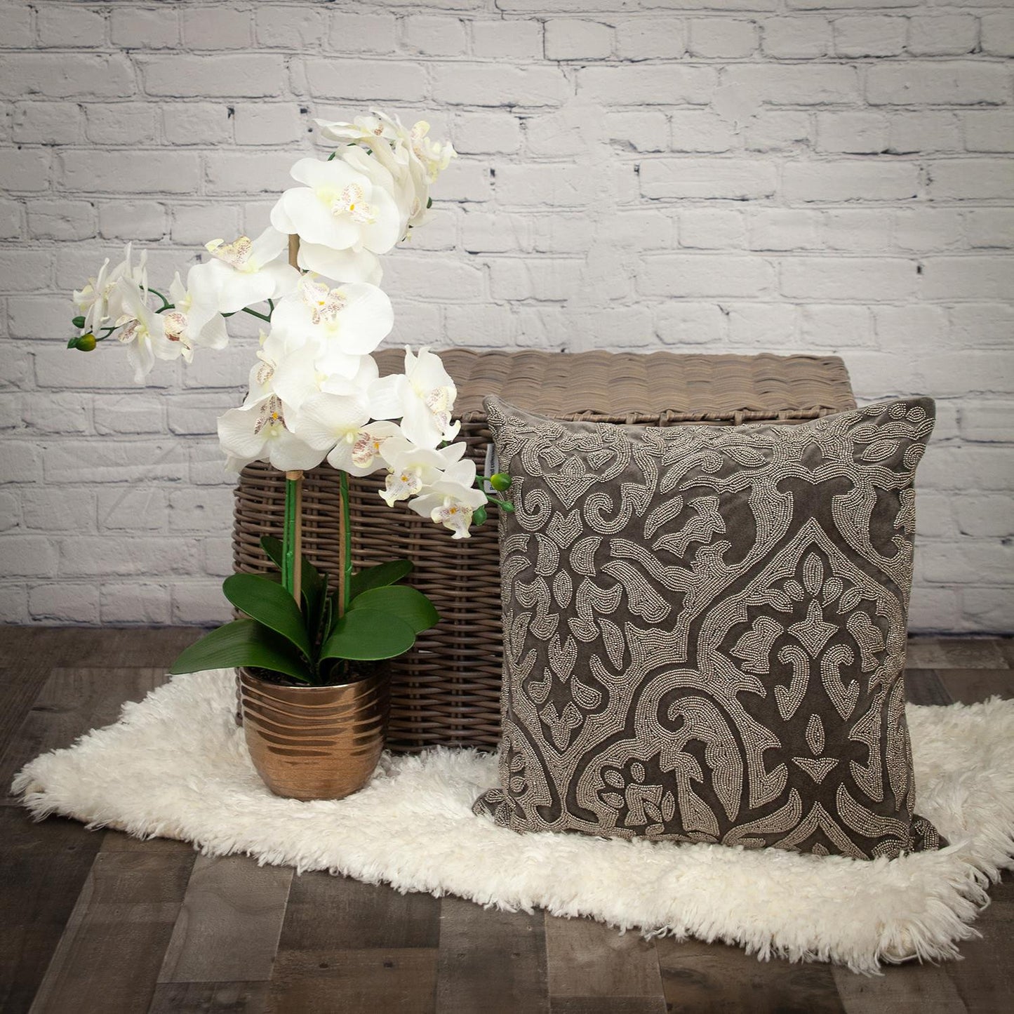 Gray & Silver Damask Velvet Pillow w/ Beads