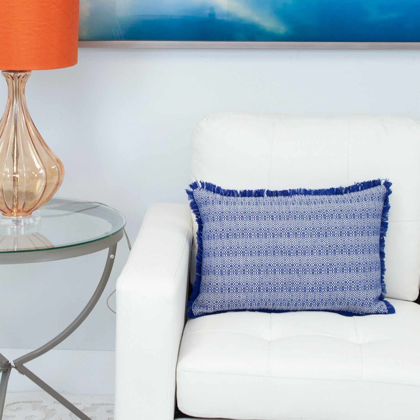 Blue & White Striped Cotton Pillow w/ Fringe
