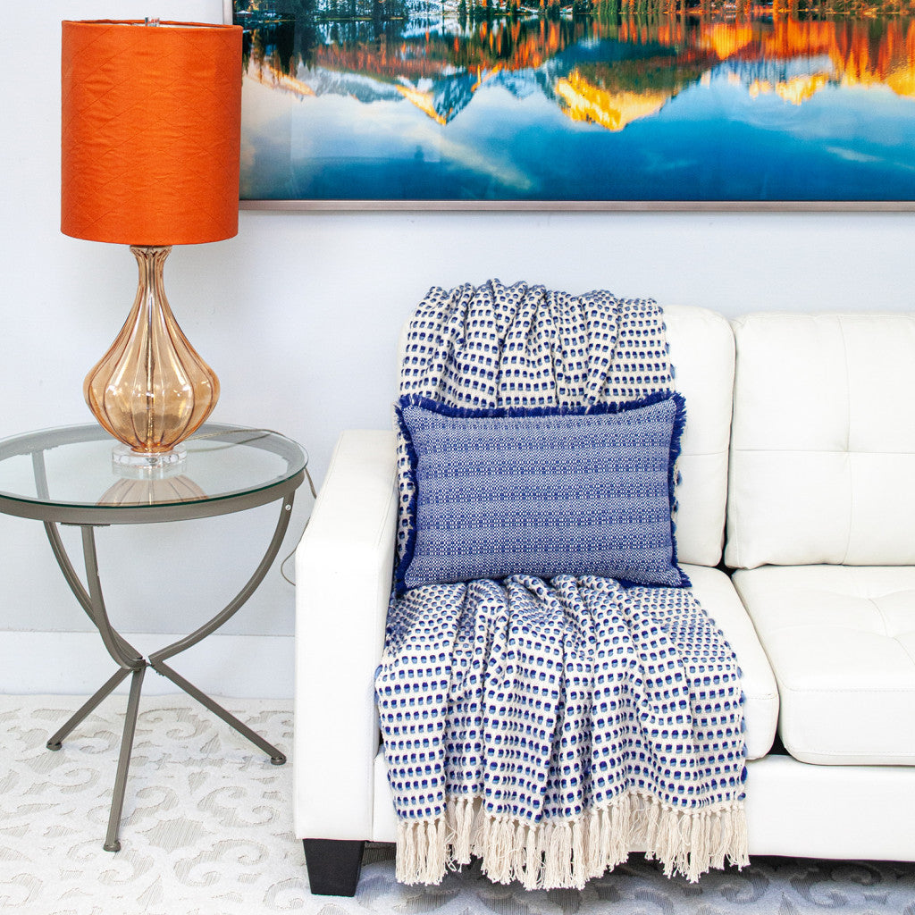 Blue & White Striped Cotton Pillow w/ Fringe