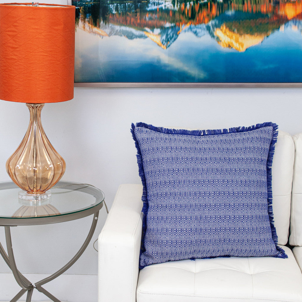 Blue & White Striped Cotton Pillow w/ Fringe