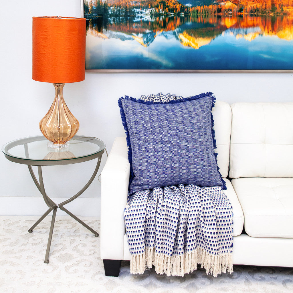 Blue & White Striped Cotton Pillow w/ Fringe