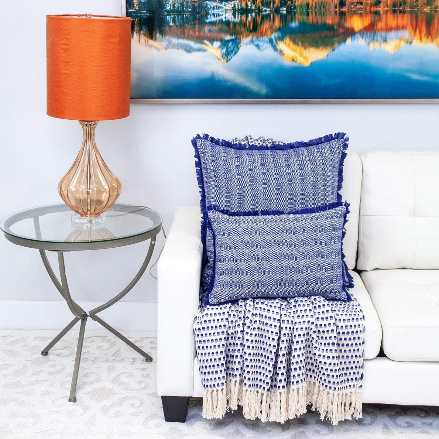Blue & White Striped Cotton Pillow w/ Fringe