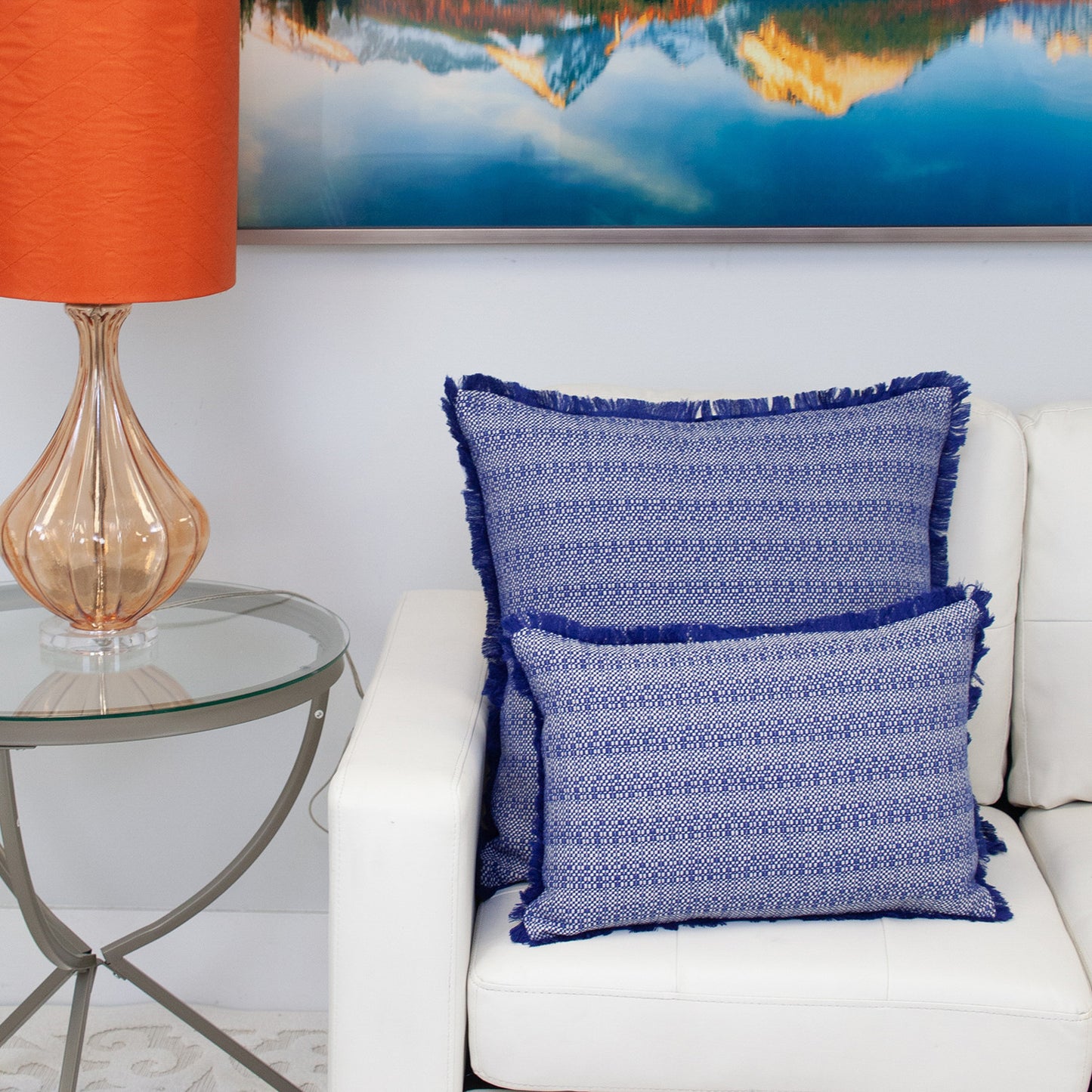 Blue & White Striped Cotton Pillow w/ Fringe