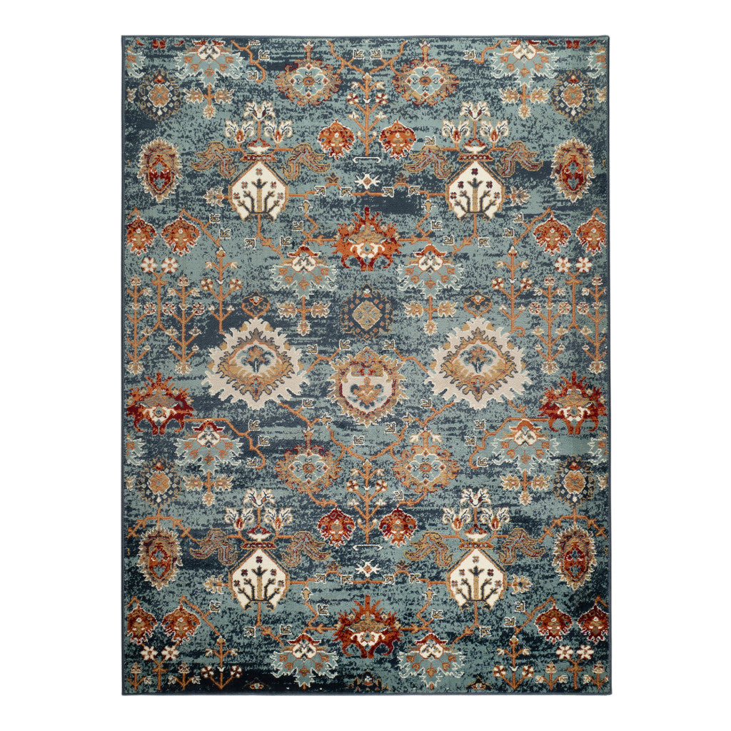 8 x 10 Teal Rust & Orange Oriental Power Loom Rug