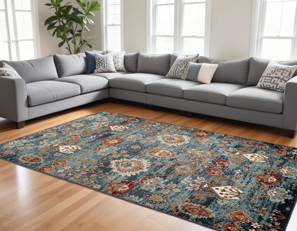 8 x 10 Teal Rust & Orange Oriental Power Loom Rug