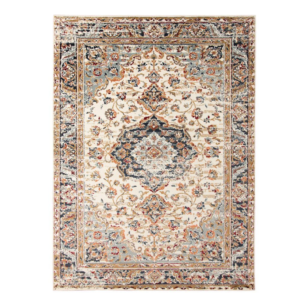 8 x 10 Ivory Navy & Orange Medallion Power Loom Rug