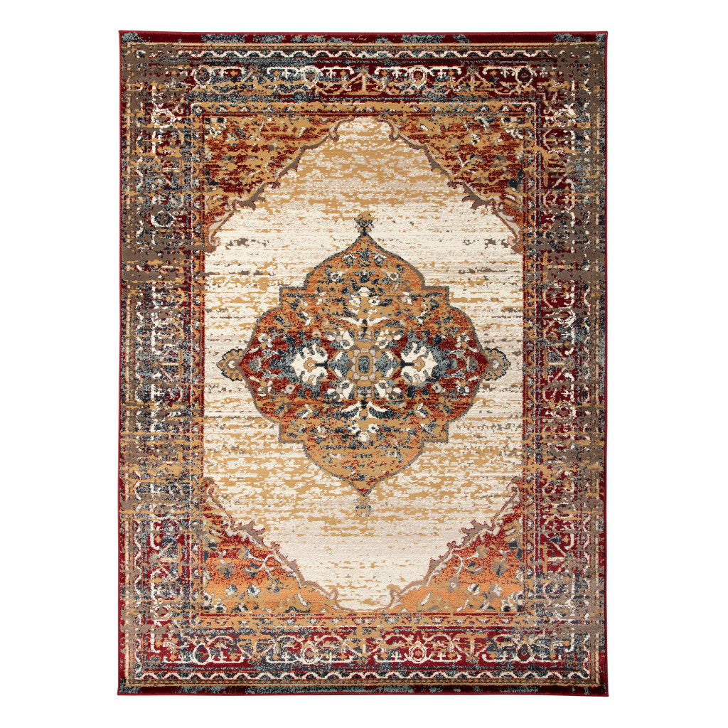 8 x 10 Ivory Red & Orange Medallion Power Loom Rug