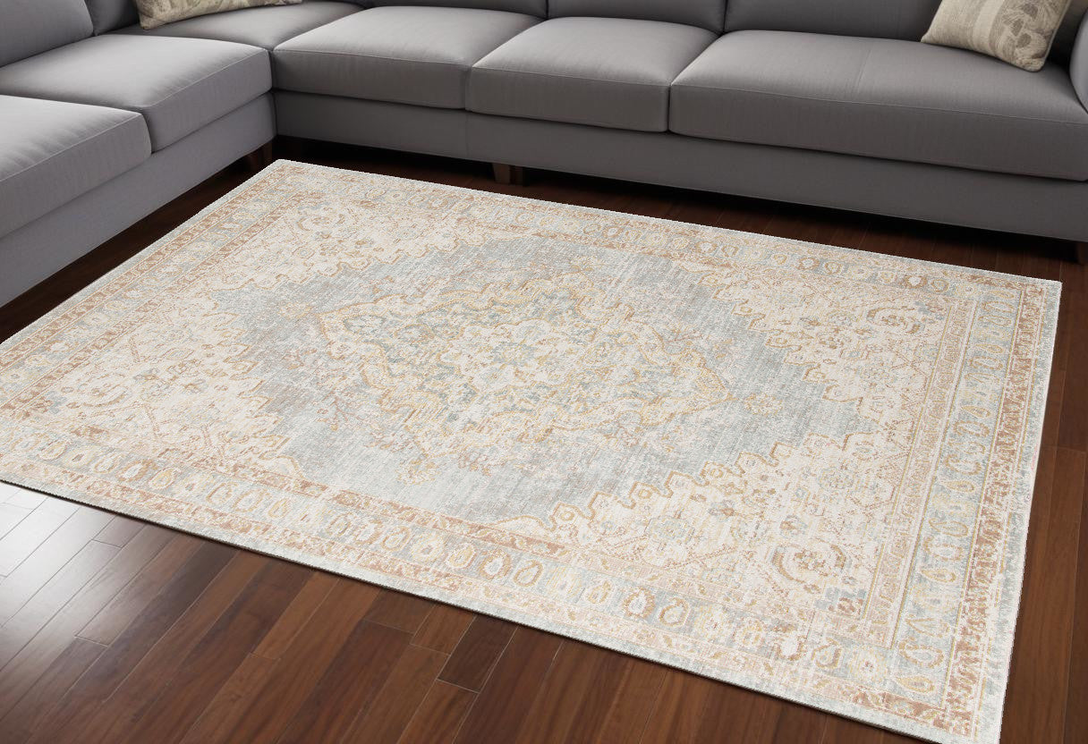 8 x 10 Beige & Gray Medallion Power Loom Rug
