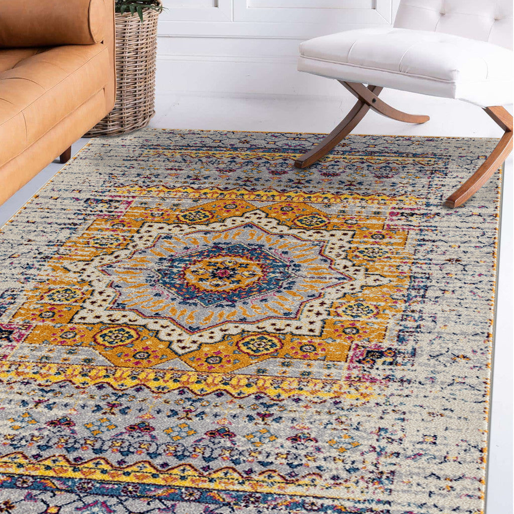 7 x 9 Ivory Navy & Orange Medallion Power Loom Rug