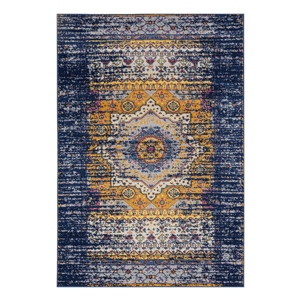 8 x 10 Ivory Navy & Orange Medallion Power Loom Rug