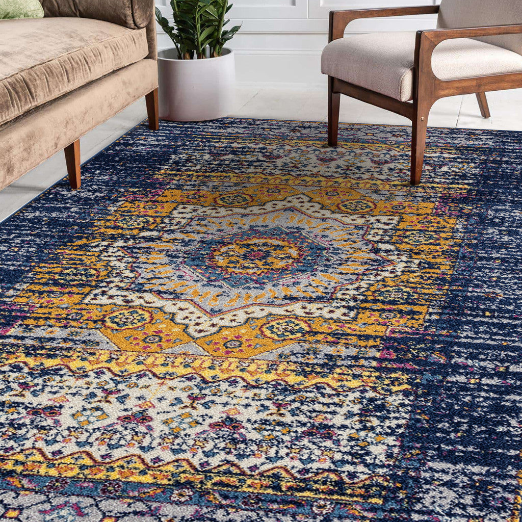 8 x 10 Ivory Navy & Orange Medallion Power Loom Rug