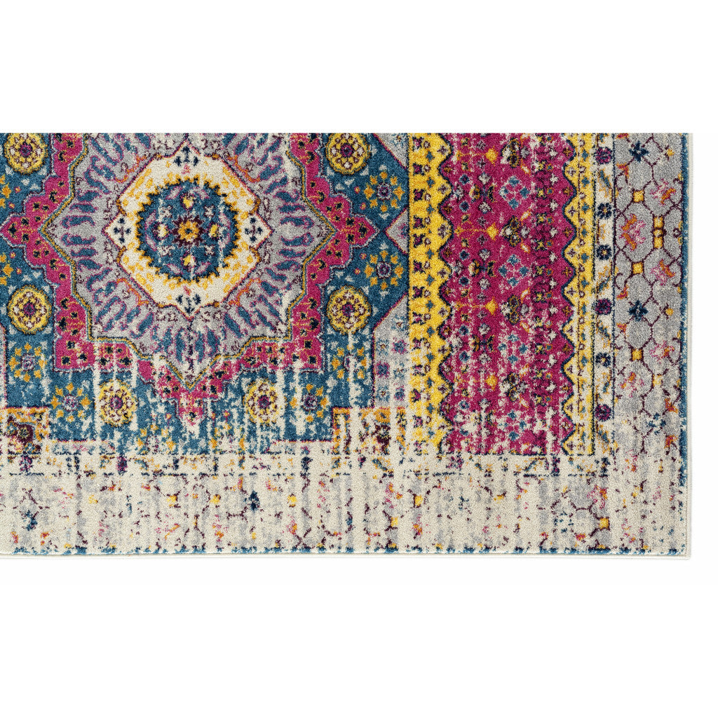 7 x 9 Ivory Pink & Blue Medallion Power Loom Rug