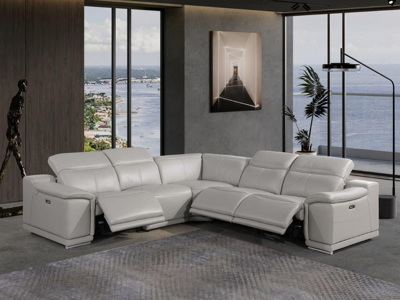 Light Gray Italian Leather U Shaped 5 Piece Sectional w/ Console
