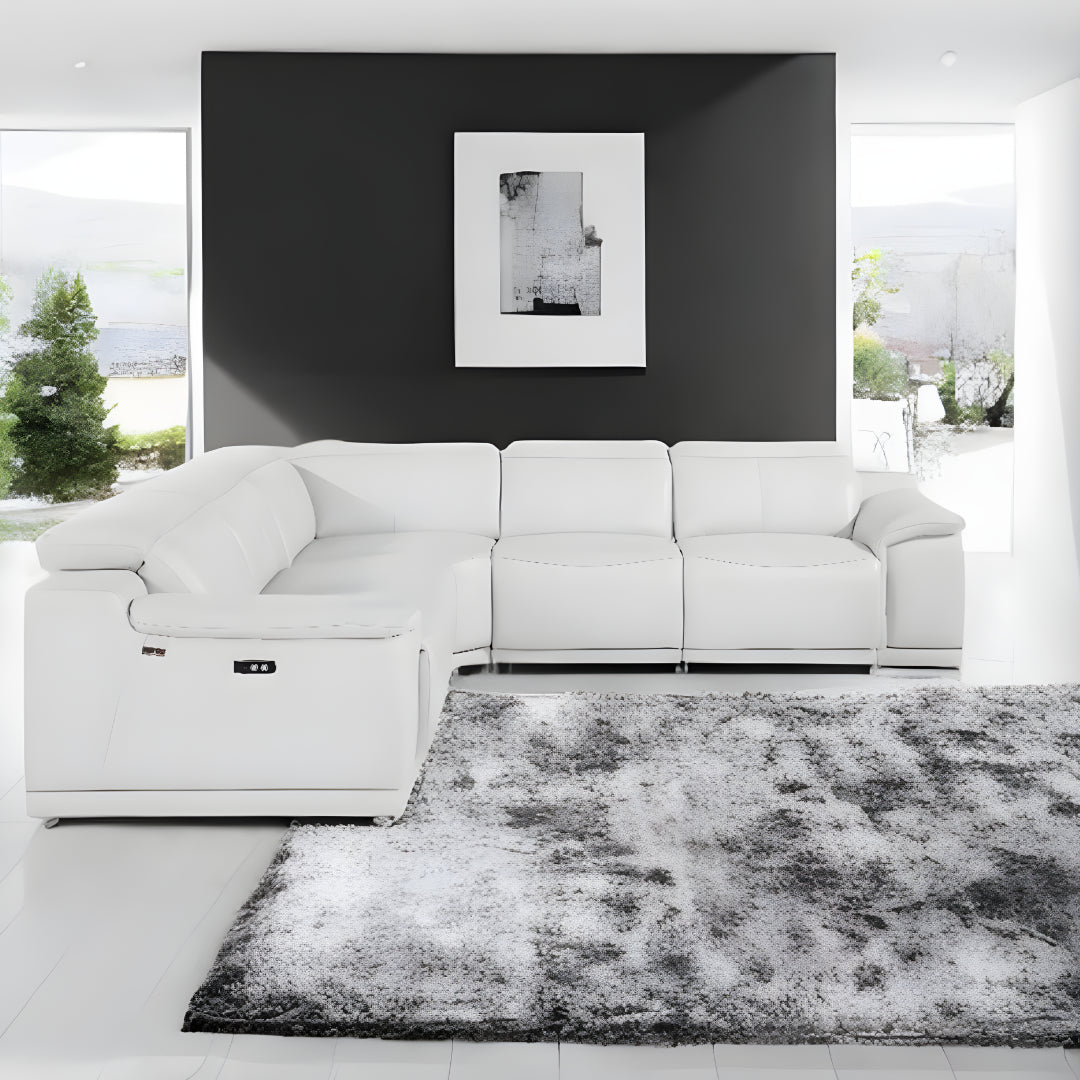 White Italian Leather L Shaped 5 Piece Sectional