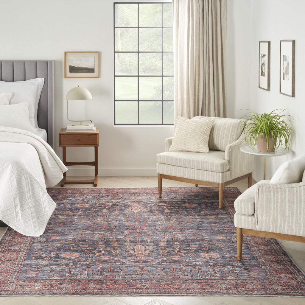 9 x 12 Blue & Red Oriental Power Loom Distressed Washable Non Skid Rug