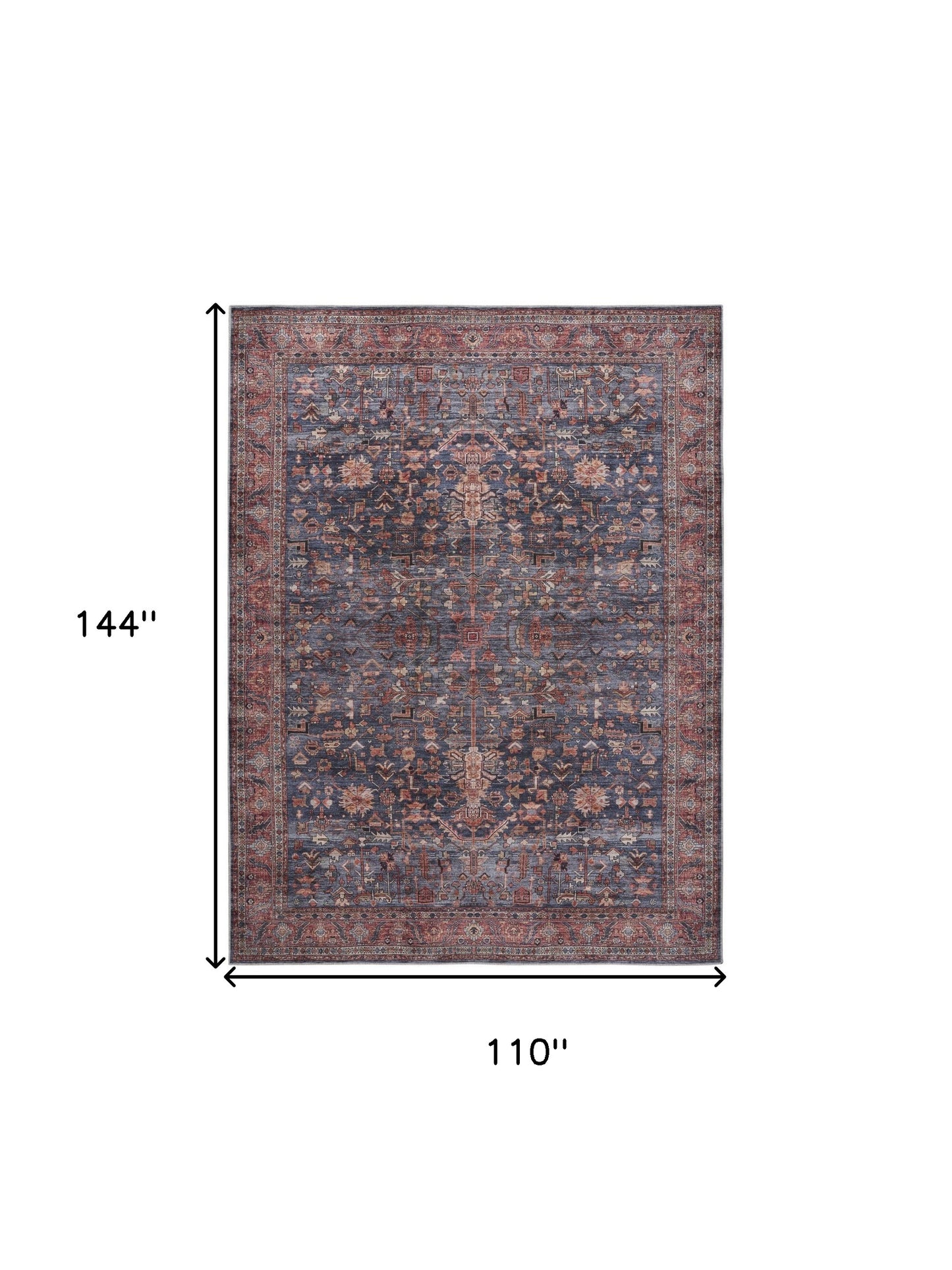 9 x 12 Blue & Red Oriental Power Loom Distressed Washable Non Skid Rug