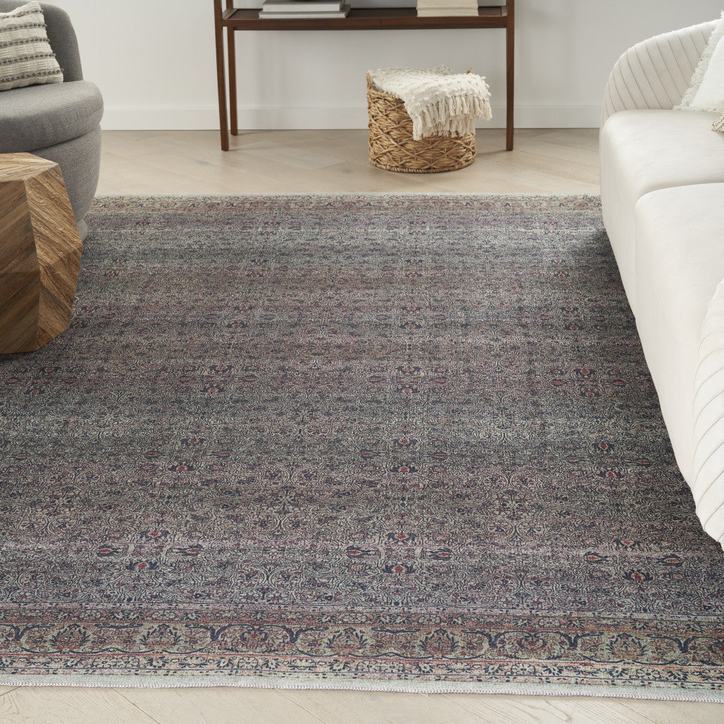 9 x 12 Blue & Brown Oriental Power Loom Distressed Washable Non Skid Rug