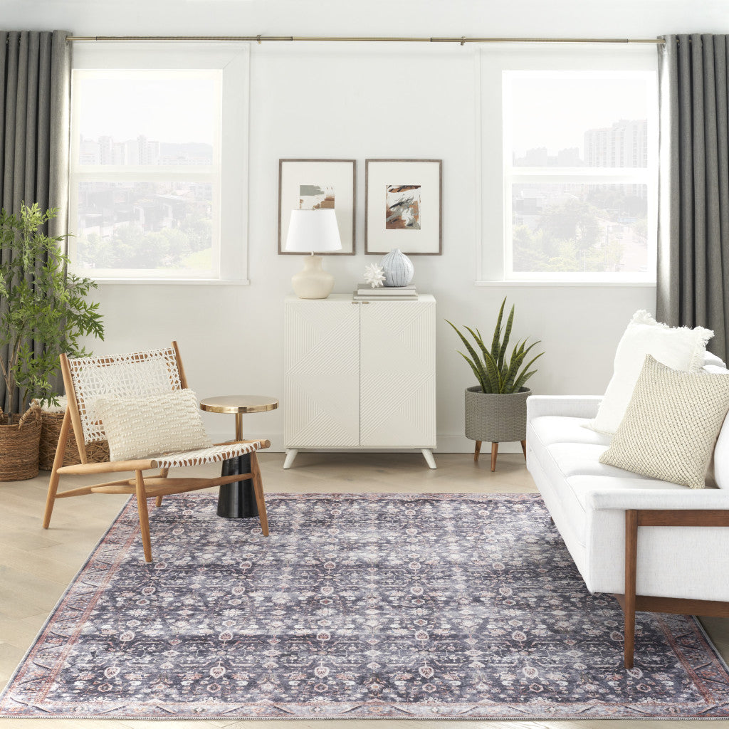 9 x 12 Blue & Ivory Oriental Power Loom Distressed Washable Non Skid Rug