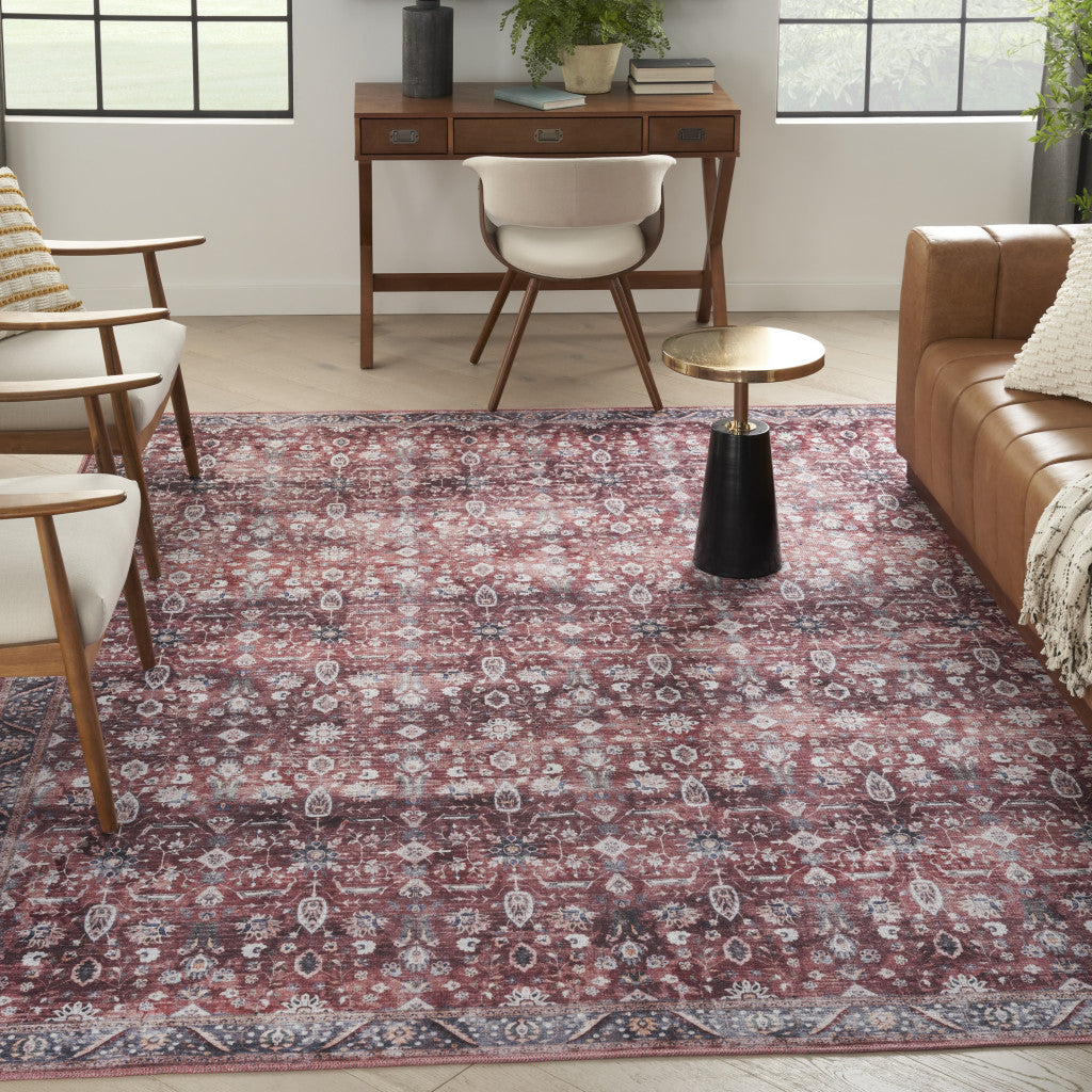 9 x 12 Red & Ivory Oriental Power Loom Distressed Washable Non Skid Rug
