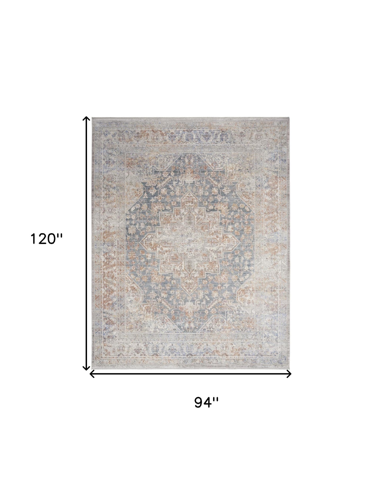 8 x 10 Ivory & Blue Oriental Power Loom Distressed Rug With Fringe
