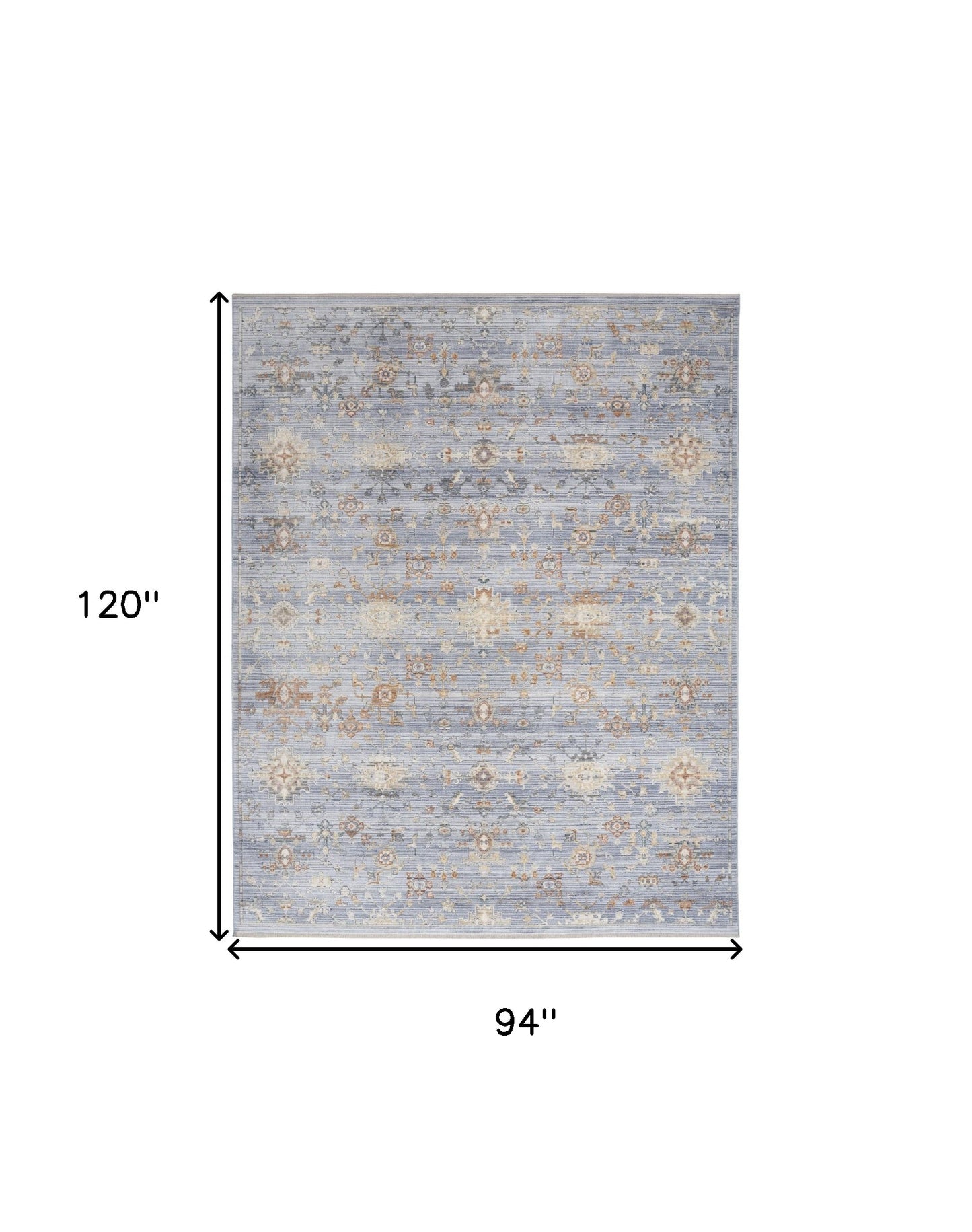 8 x 10 Blue & Ivory Oriental Power Loom Distressed Rug With Fringe