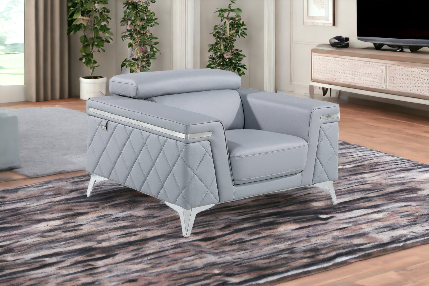Light Gray & Silver Top Grain Leather Club Chair