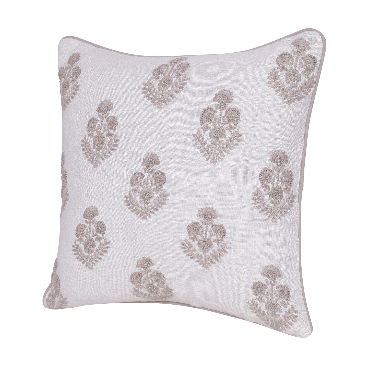 Natural & Ivory Floral Linen Pillow w/ Embroidery
