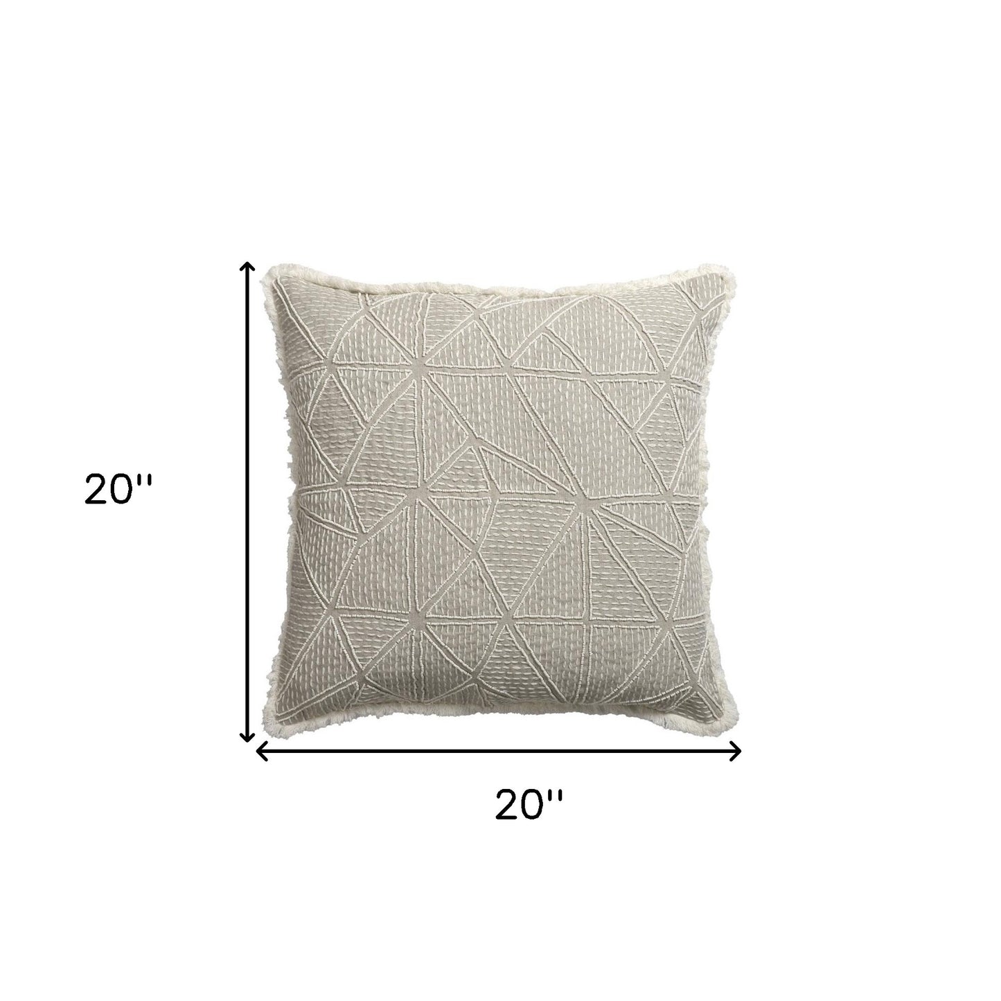 Beige & Ivory Geometric Linen Pillow w/ Embroidery, Fringe