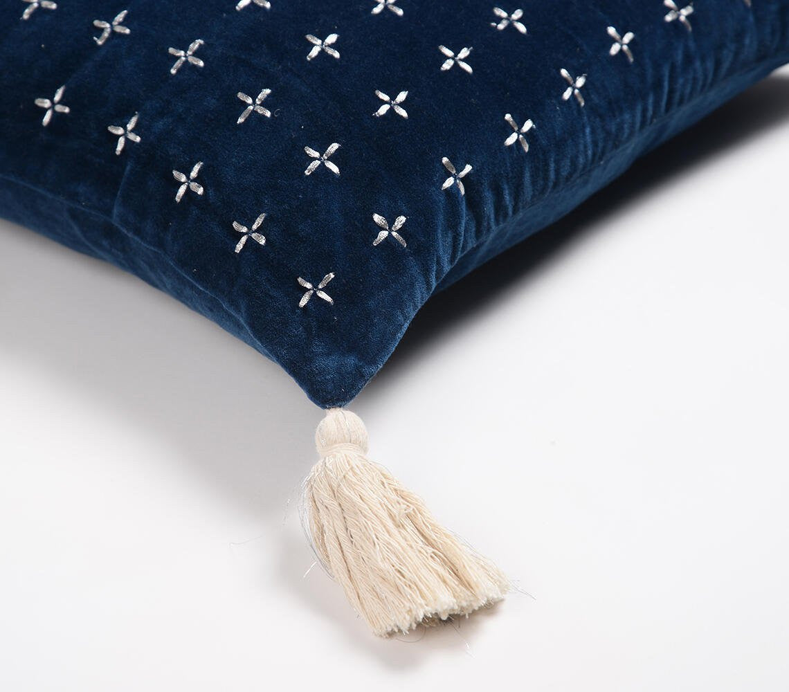 Blue & White Geometric Cotton (Cover Only) w/ Embroidery & Tassels