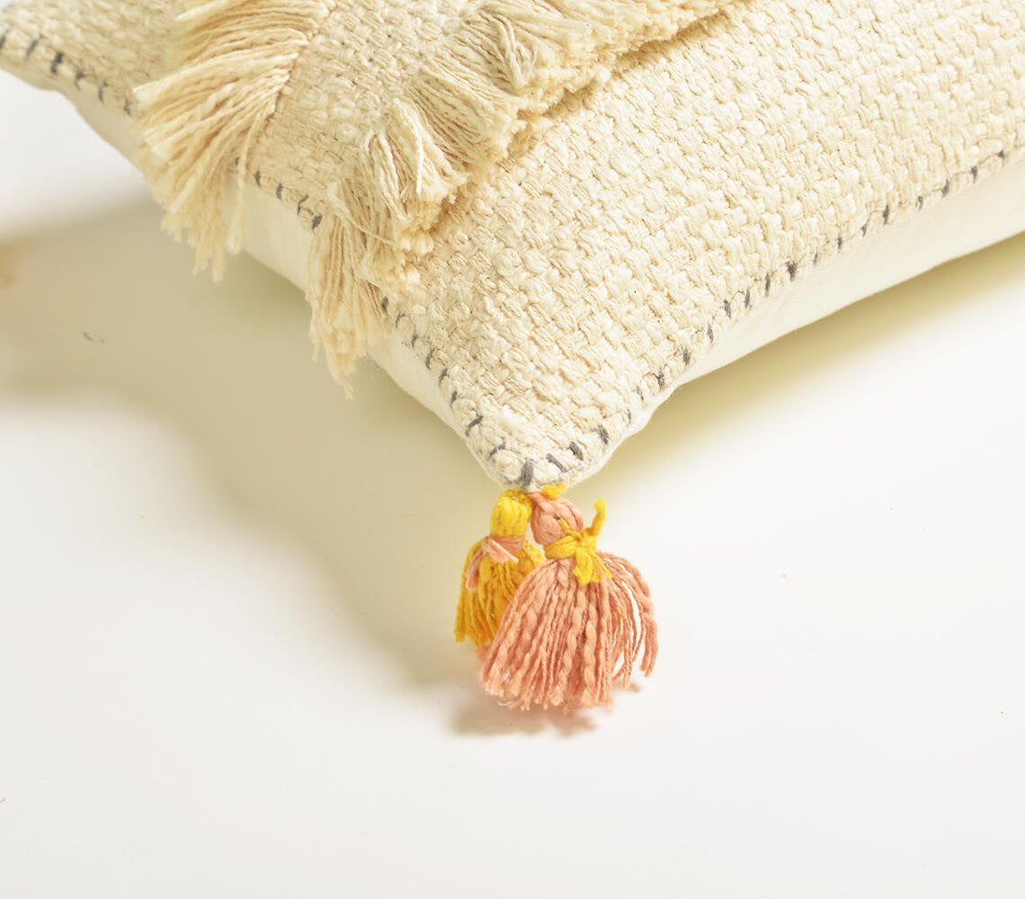 Ivory & White Striped Cotton (Cover Only) w/ Fringe & Tassels