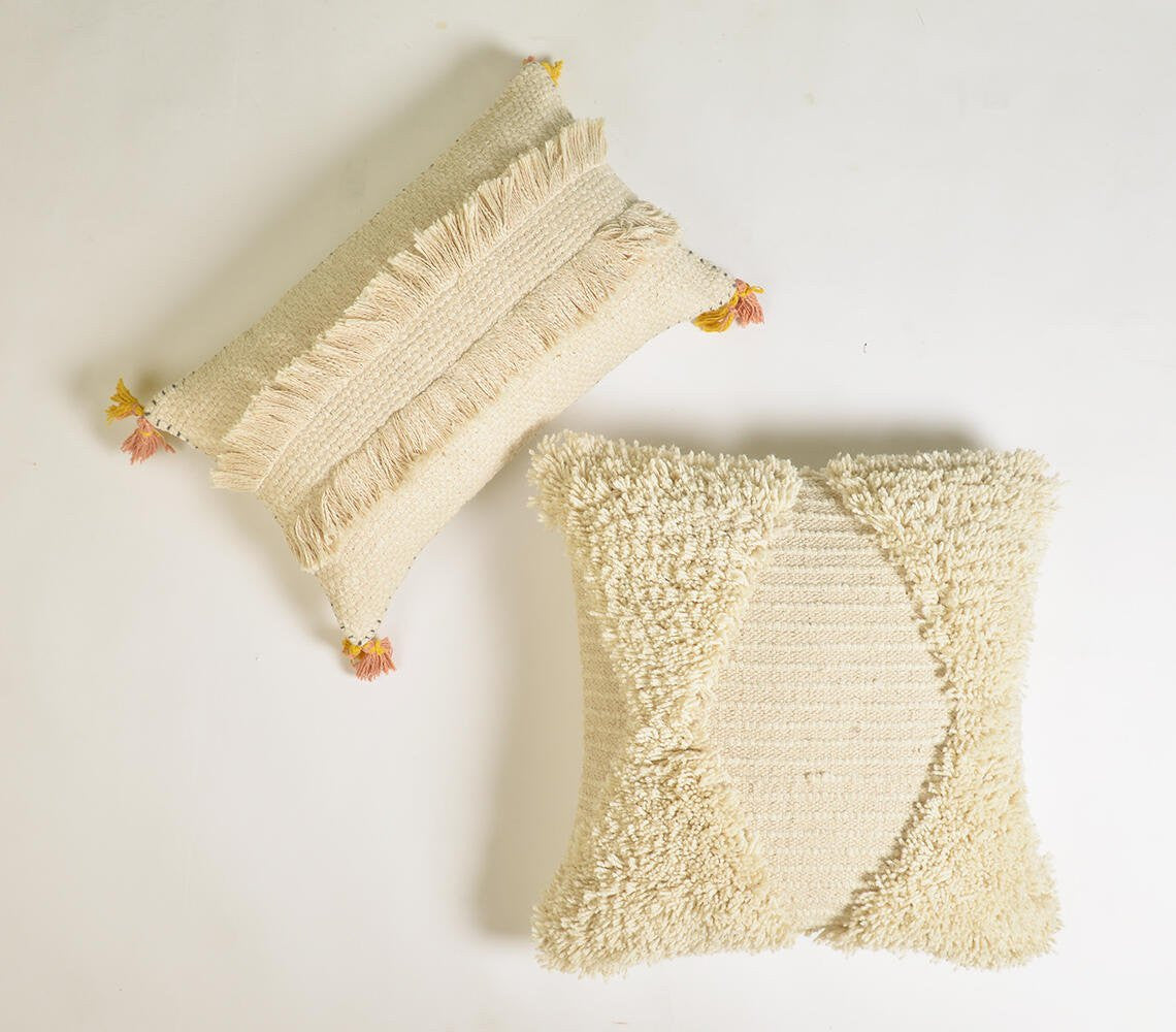Ivory & White Striped Cotton (Cover Only) w/ Fringe & Tassels