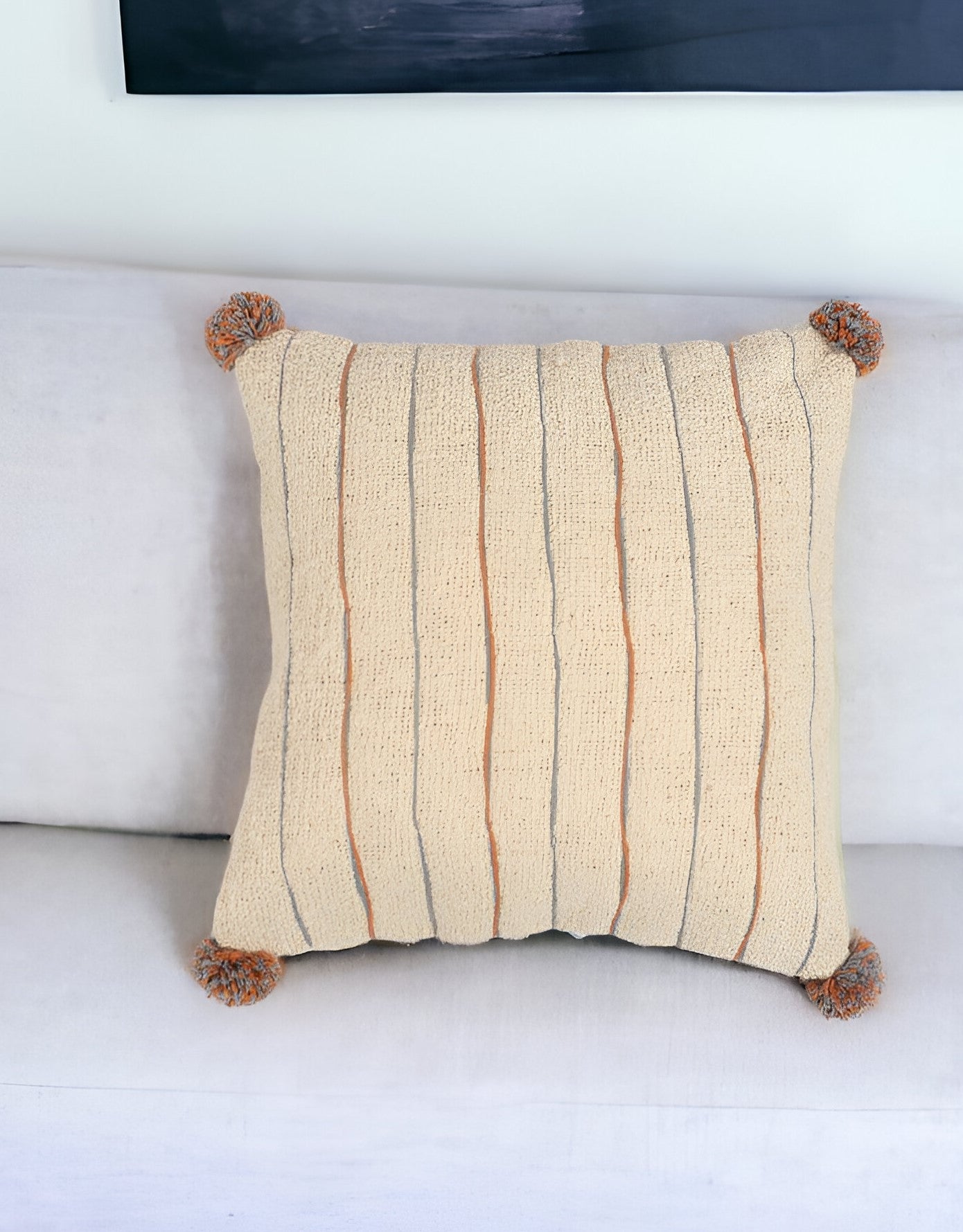 Beige & Orange Linen Cotton (Cover Only) w/ Pom Poms