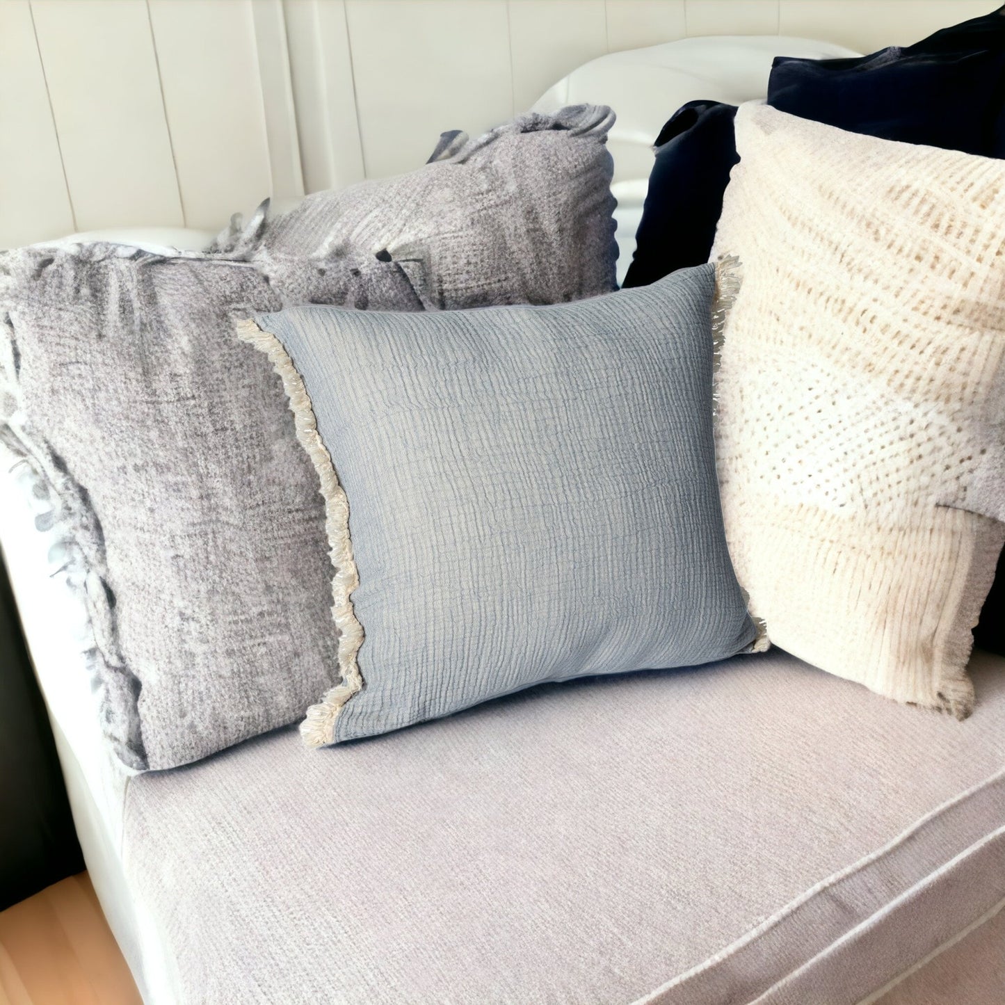Blue Cotton Down Pillow w/ Fringe
