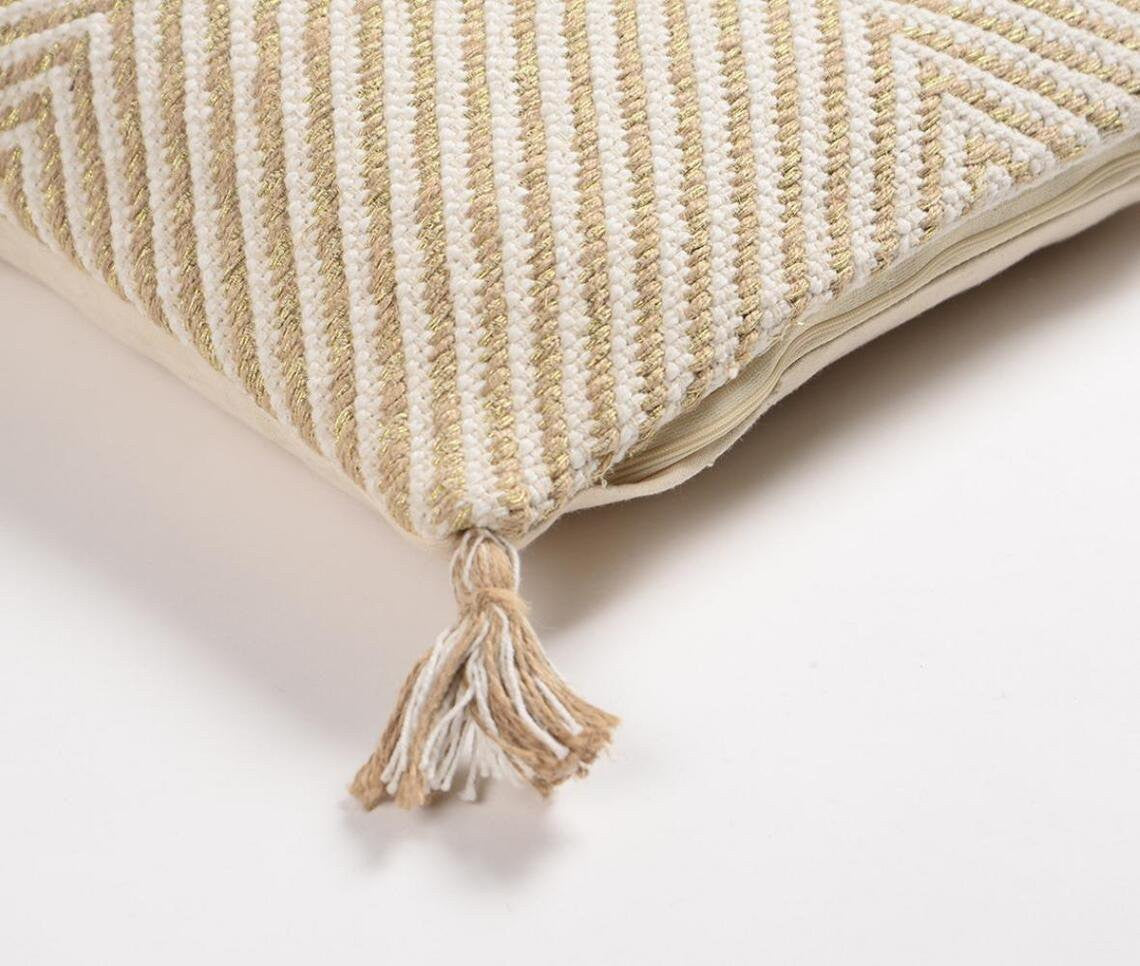 Beige & White Geometric Cotton Blend (Cover Only) w/ Tassels