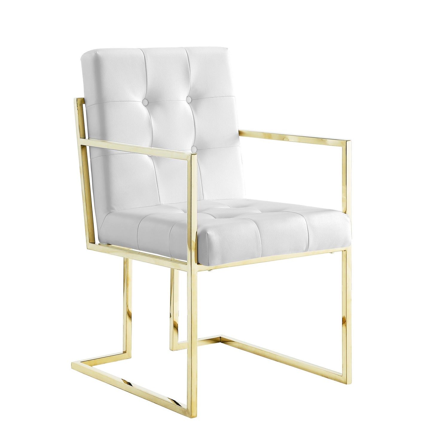 Tufted White & Gold Faux Leather Dining Chairs - Set of 2