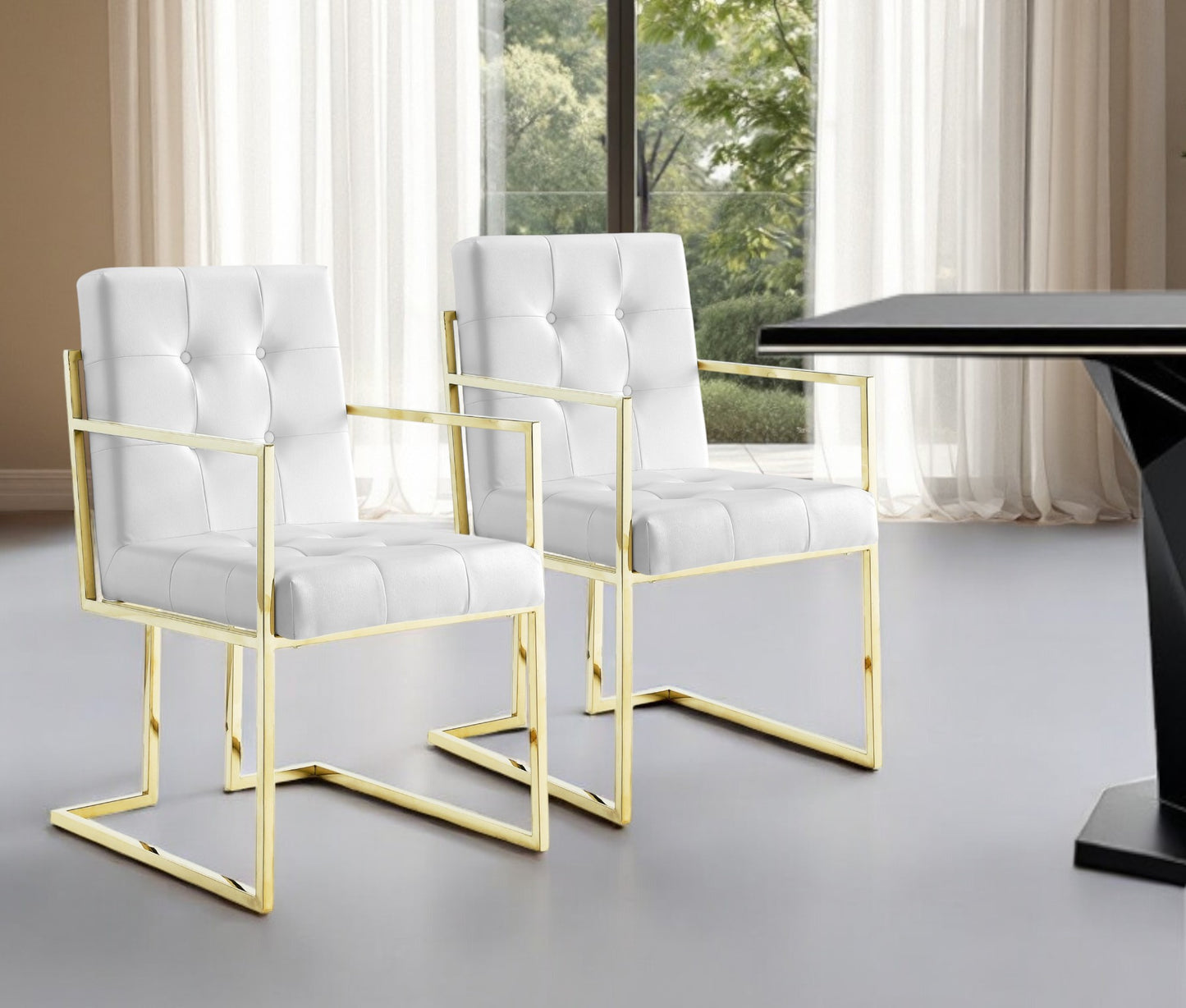 Tufted White & Gold Faux Leather Dining Chairs - Set of 2