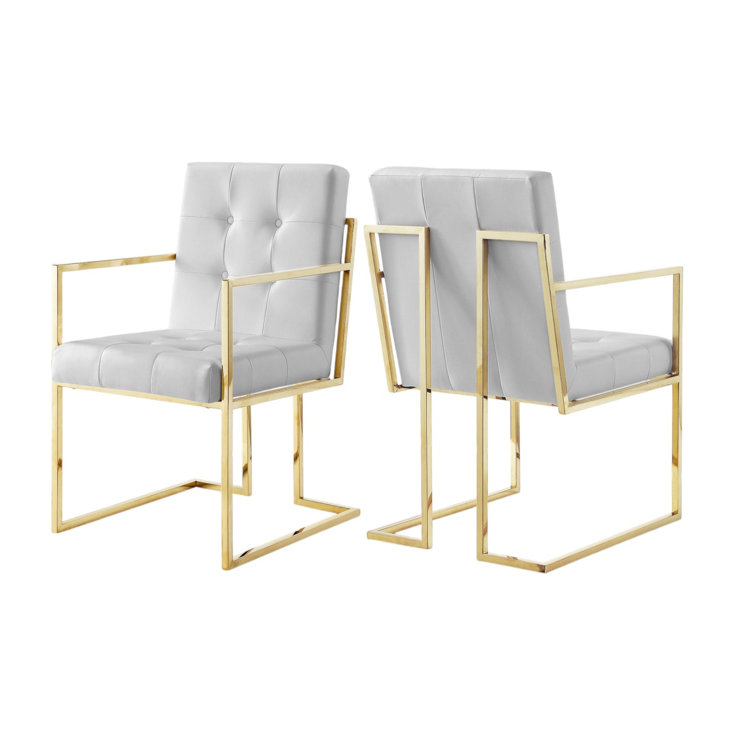Tufted White & Gold Faux Leather Dining Chairs - Set of 2