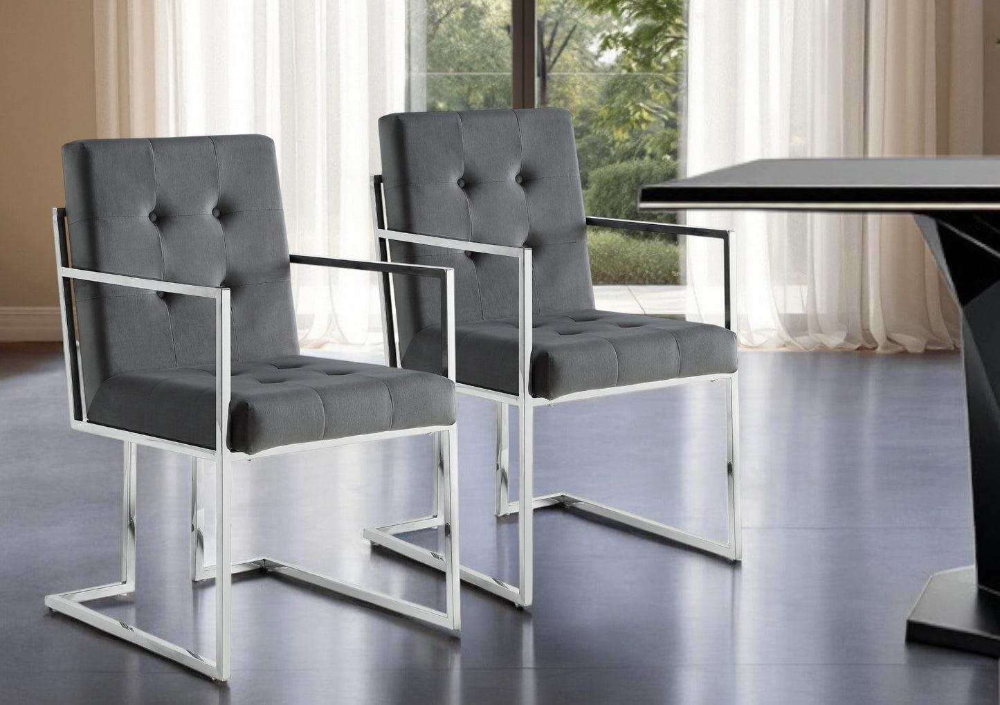 Tufted Gray & Silver Metallic Velvet Dining Chairs - Set of 2