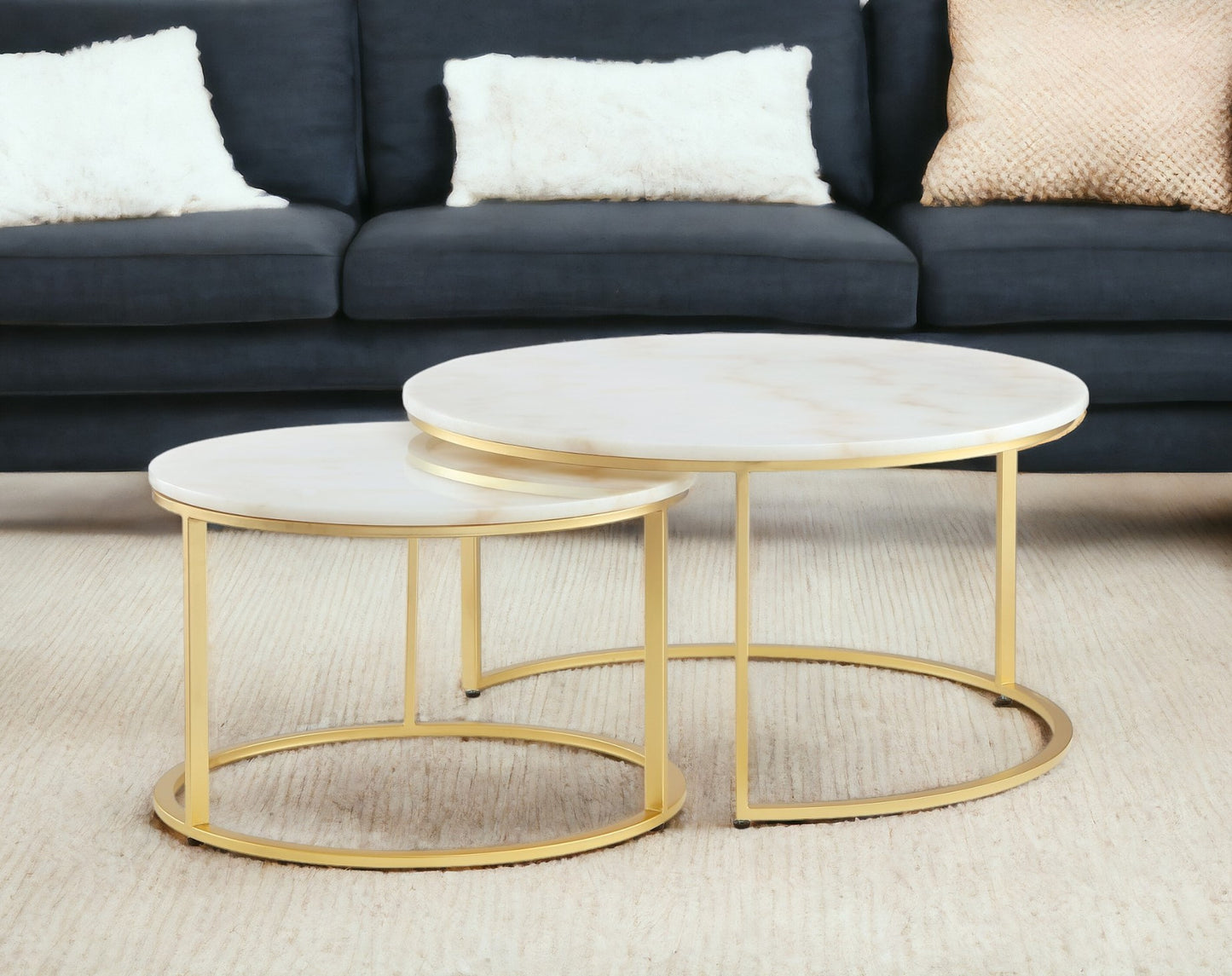 White & Gold Genuine Marble & Iron Round Nesting Tables