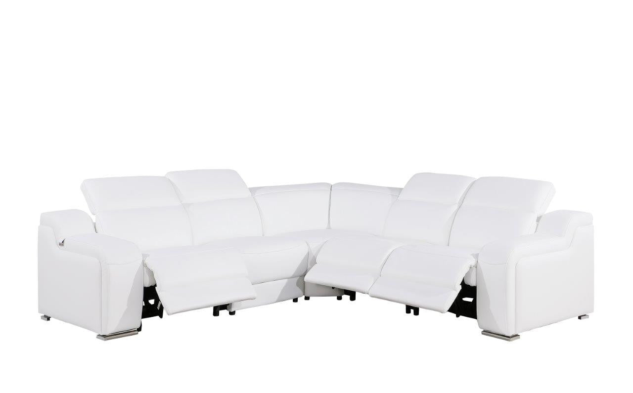 White Italian Leather L Shaped 5 Piece Sectional