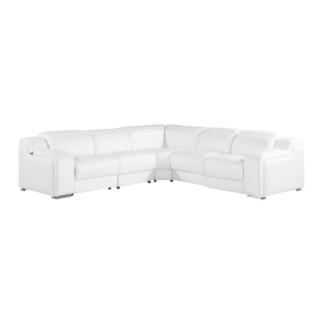 White Italian Leather L Shaped 5 Piece Sectional